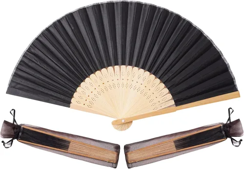 Sepwedd 50 piezas de tela de seda sintética negra de bambú plegado ventilador de mano novia baile accesorios iglesia boda fiesta recuerdos con