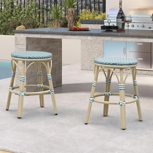 Miniatura 49 de PURPLE LEAF - Juego de 2 taburetes de bar franceses con acabado de bambú impreso, taburetes de bar de ratán para patio con respaldo, sillas de bar
