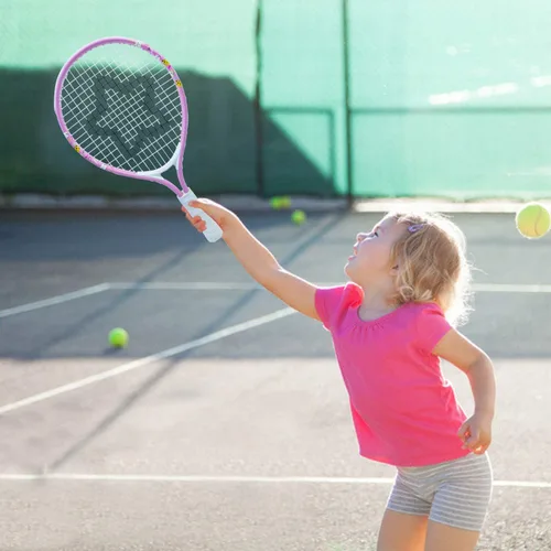 Miniatura 7 de AMA SPORT Raqueta de tenis para niños pequeños, kit de iniciación de raqueta de tenis de 17 a 25 pulgadas para niñas y niños con bolsa de nailon Rosa