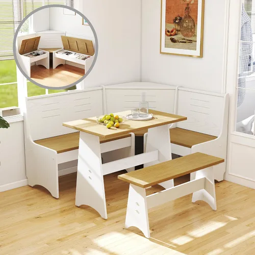 Juego de rincón de desayuno de 3-4 asientos en forma de L con almacenamiento oculto - Mesa de comedor de cocina esquinera que ahorra espacio y juego