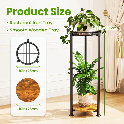 Miniatura 2 de Soporte negro de 2 niveles para plantas en interiores, 30 pulgadas de alto, estante de esquina de metal resistente para plantas estrechas para piso