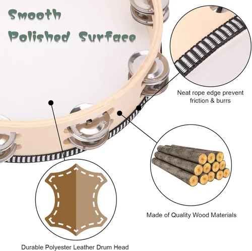 Miniatura 2 de Paquete de 2 panderetas de doble fila de 8 pulgadas para adultos, pandereta de tambor de mano de madera con cascabeles de metal, instrumentos