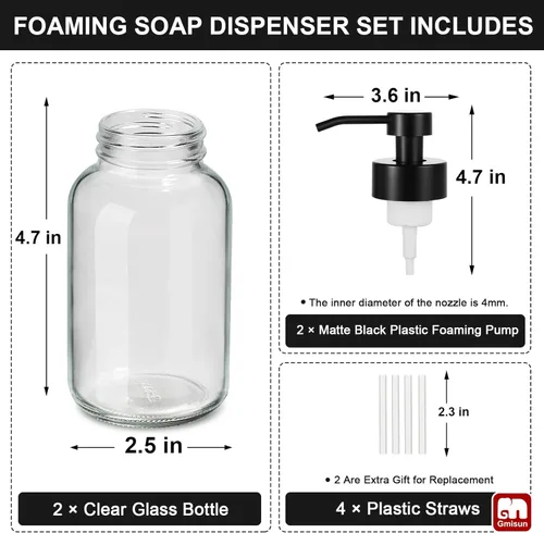 Miniatura 7 de GMISUN - Dispensador de jabón de espuma, paquete de 2 dispensadores de jabón de vidrio transparente de 8.5 fl oz / 8.5 fl oz para baño y cocina