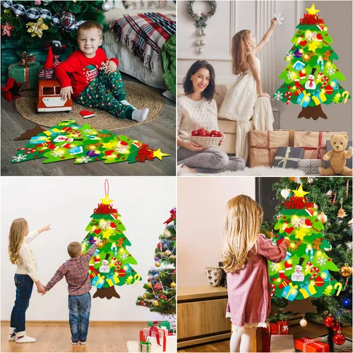 Miniatura 4 de EMPOF Árbol de Navidad de fieltro para niños pequeños - Juego de árbol de fieltro de bricolaje de 1 m con luces de copos de nieve + 32 adornos, Luz