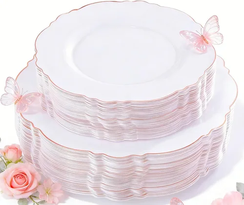 Miniatura 10 de WDF 100 platos de plástico plateado, diseño barroco de alta gama, platos blancos y plateados resistentes para fiestas de Navidad y bodas de lujo