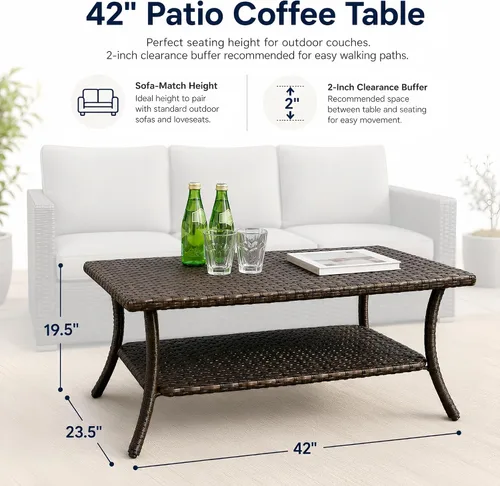 Miniatura 2 de HUMMUH Mesa de centro de patio al aire libre de 2 niveles de 42 pulgadas, mesa central de ratán de polietileno marrón con marco de metal recubierto