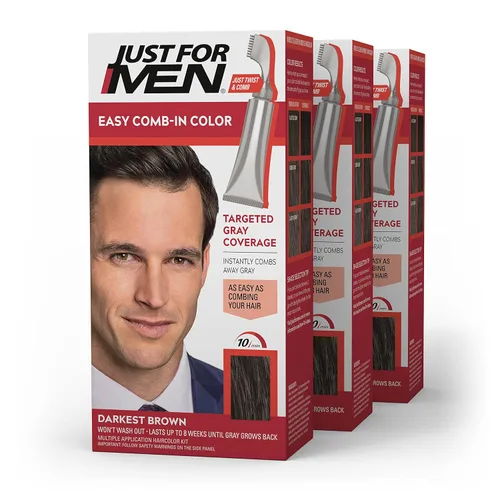 Just For Men Easy Comb-In Color - Tinte para el cabello para hombre, fácil aplicación sin mezcla, con aplicador de peine, marrón oscuro, A-50,