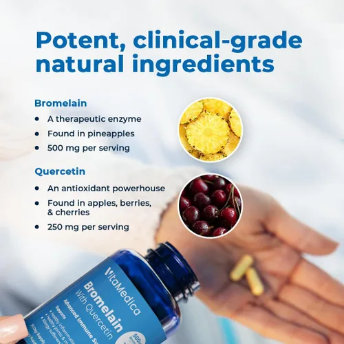 Miniatura 3 de VitaMedica Suplemento de bromelina y quercetina - 500 mg de bromelina 250 mg de quercetina - 2400 GDU para inmunidad, apoyo articular, inflamación