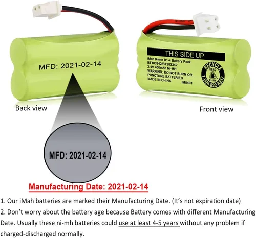 Miniatura 3 de iMah BT183342/BT283342 2.4V 400mAh Ni-MH - Batería compatible con baterías de teléfono inalámbrico AT&T VTech BT166342/BT266342 BT162342/BT262342