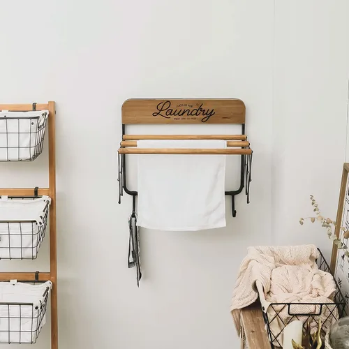 Miniatura 4 de SOFFEE DESIGN Estante de lavandería de acordeón, estantes retráctiles montados en la pared, 3 barras y 5 ganchos para tendedero, toallas para colgar
