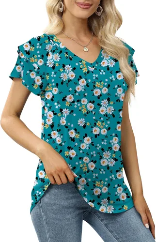 Miniatura 5 de DB MOON Camisetas casuales de verano para mujer, manga corta, con volantes, cuello en V, ajuste holgado