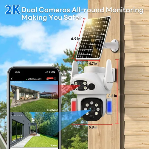 Miniatura 2 de Cámara solar inalámbrica al aire libre, cámara de seguridad de doble lente para casa y granja, alarma de luz y visión nocturna a color, cámara al