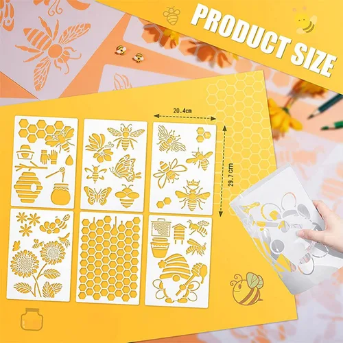 Miniatura 2 de Plantillas temáticas de abejas, 6 unidades, plantillas reutilizables de pintura de panal y girasol para arte de pared, pintura de muebles