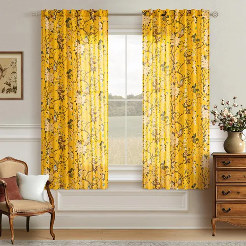 Miniatura 25 de Cortinas de lino florales azules y amarillas, estilo vintage, bohemio, de 63 pulgadas, 2 paneles con pestaña trasera para sala de estar
