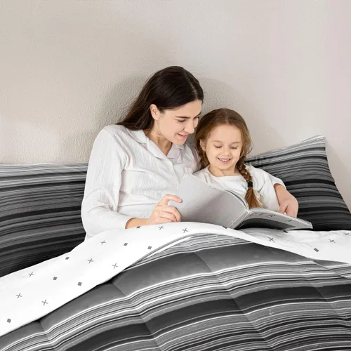 Miniatura 6 de jejeloiu Juego de edredón geométrico para niños, tamaño individual, diseño de rayas de color negro, blanco y gris, juego de ropa de cama decorativo