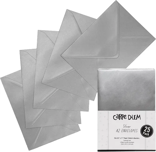 Pukka Pad, Carpe Diem - Sobres engomados para tarjetas de felicitación e invitaciones, paquete de 25 sobres plateados, A2, 4.38 x 5.75 pulgadas