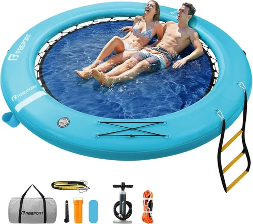 FBSPORT Hamaca inflable de agua redonda flotante, 10/8/6 pies, plataforma flotante para lago con portavasos, flotador solar, balsa fría, anillo de