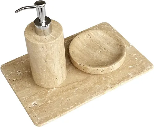 Miniatura 2 de Bandeja de travertino beige de mármol natural, bandeja de queso de repostería, plato de café de postre, losa de mármol suave de doble cara