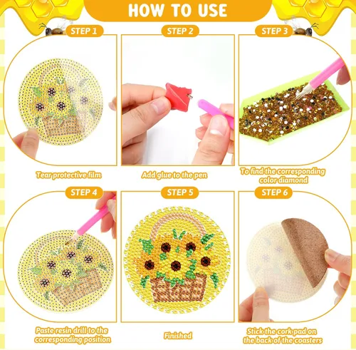 Miniatura 7 de Shellwei Juego de 8 posavasos de pintura de diamantes de abeja de verano, arte de diamantes de abeja de miel con soporte, posavasos de pintura