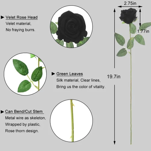 Miniatura 6 de 12 rosas artificiales de terciopelo sintético para decoración del hogar y boda (rosa perla, negro)