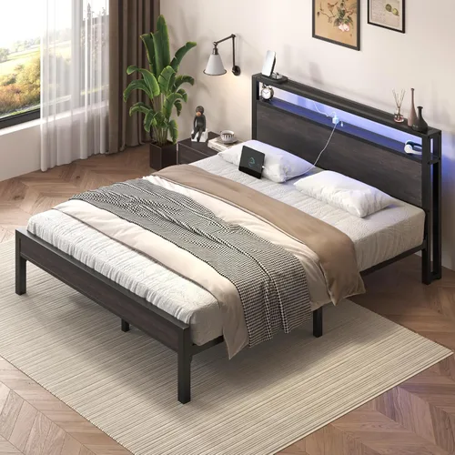 Miniatura 9 de E-Motie Base de cama de tamaño matrimonial con luces LED y estación de carga, cabecera de almacenamiento de madera con estantes de 2 niveles