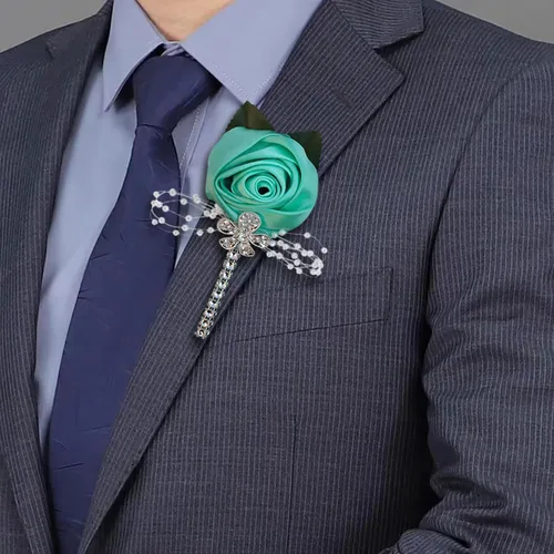 Miniatura 24 de Boutonniere de flores artificiales, paquete de 2 piezas para boda, tela de seda sintética, rosa Boutonniere para iglesia, boda, equipo, novio, Rosa