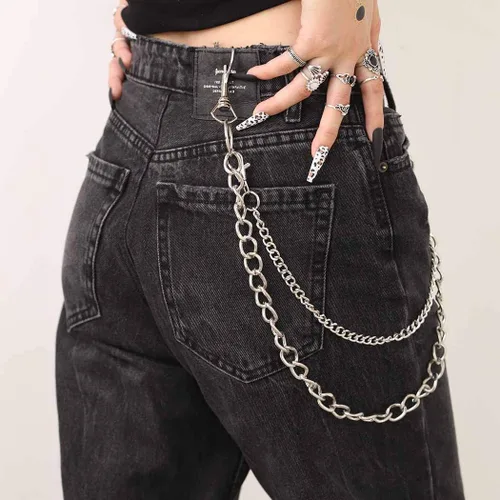 Bomine Pantalones de hip hop cadena gótica punk plateada pantalones de motociclista gruesos cadenas de bolsillo llaveros plateados joyería corporal