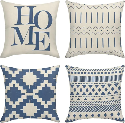 Sanwarm Juego de 4 fundas de almohada decorativas para decoración del hogar, color azul marino, retro, geométrico, a rayas, marroquíes, tribales,