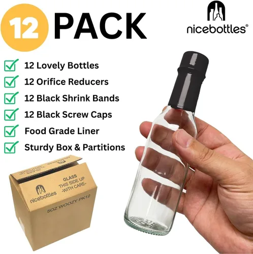 Miniatura 2 de nicebottles Botellas de salsa picante con tapas negras y bandas retráctiles, 5 onzas, paquete de 12 Gorras negras y bandas retráctiles
