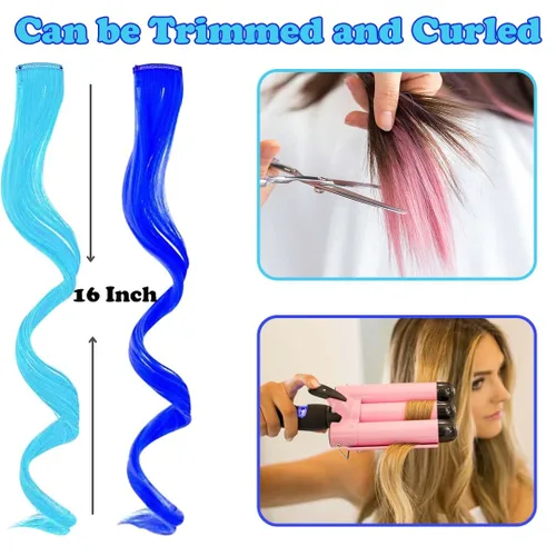 Miniatura 3 de Extensiones de cabello con clip de colores, 12 piezas para mujeres, niños y niñas, 16 pulgadas, ondulado, rizado, azul y verde azulado colorido