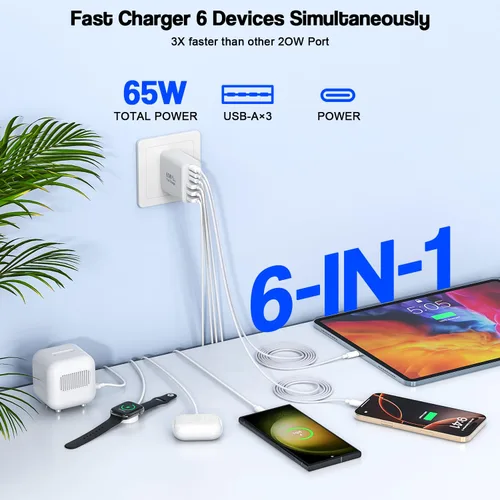 Miniatura 2 de Bloque de carga USB C de 65 W, paquete de 2 bloques de carga rápida de 6 puertos con cable tejido tipo C a tipo C de 6 pies de largo, enchufe