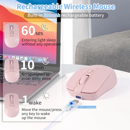 Miniatura 6 de Ratón inalámbrico Bluetooth silencioso recargable ergonómico portátil ratón óptico, modo dual, carga tipo C, con receptor USB 2.4G, para PC, Rosa