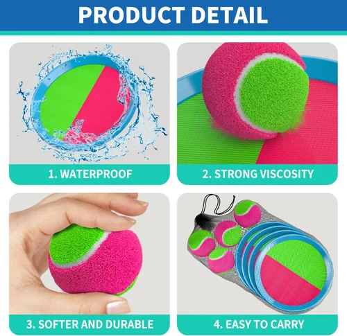 Miniatura 3 de Juego de lanzar y atrapar pelotas Bennol para niños, 4 paletas, 4 pelotas y bolsa de almacenamiento, juguetes al aire libre para edades 3-10