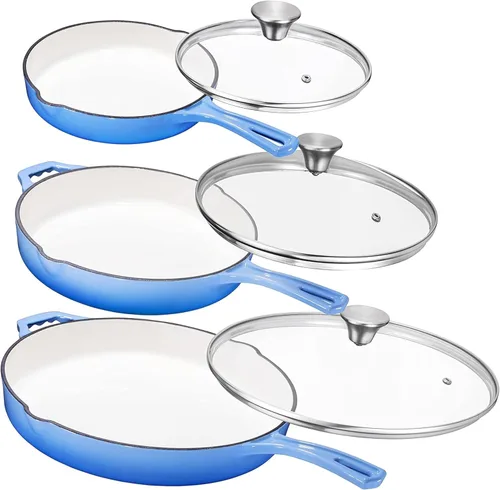 Bruntmor Juego de sartenes de hierro fundido pre-sazonadas, 8, 10, 12 pulgadas, sartenes antiadherentes de esmalte azul con tapa de vidrio templado,