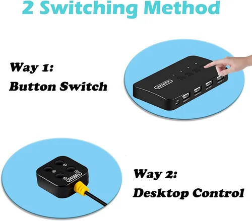 Miniatura 5 de Interruptor USB de 4 en 4 salidas, selector de conmutador USB de 4 puertos para 4 computadoras compartidas 4 dispositivos teclado, ratón, impresora