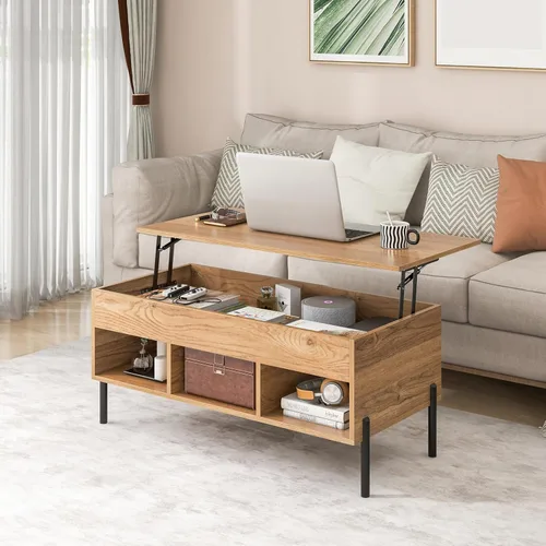 Miniatura 2 de GOFLAME Mesa de centro elevable con almacenamiento, mesa de centro cuadrada con compartimento oculto, 3 estantes de almacenamiento, mesa central