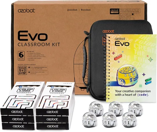 Ozobot Kit de aula Evo (6 bots): juego educativo STEM profesional para grados K-12, incluye 18 robots, base de carga, marcadores de código de color