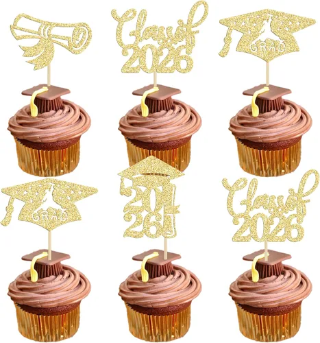 Miniatura 24 de 24 piezas 2026 decoraciones para cupcakes de graduación 2026 con purpurina clase de 2026 para graduación de graduación para felicitaciones 2026