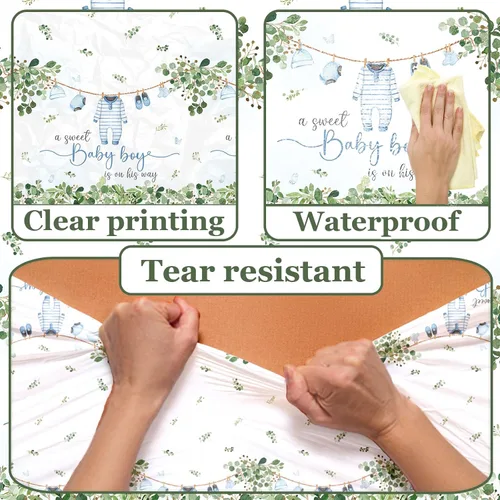 Miniatura 6 de Paquete de 3 manteles decorativos para baby shower, acuarela Greenery A Sweet Baby Boy Is On The Way Baby Shower, mantel impermeable para baby
