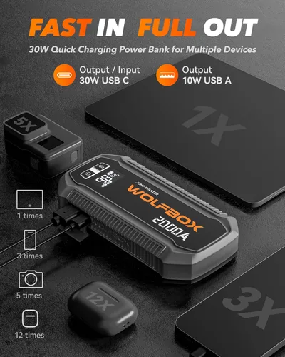 Miniatura 3 de WOLFBOX Arrancador de batería de 2000 A, batería de 44.4 Wh portátil con pantalla LED, paquete de arranque de batería de automóvil de 12 V
