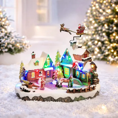 Miniatura 9 de MOMENTS IN TIME Decoración de centro de mesa de pueblo navideño Santa montando trineo volando sobre el centro del pueblo con luces LED y animación