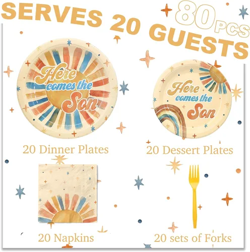 Miniatura 3 de Here Comes the Son - Suministros para baby shower para 20 invitados – Platos boho Sun y Rainbow Platos, servilletas y tenedores – Juego de vajilla