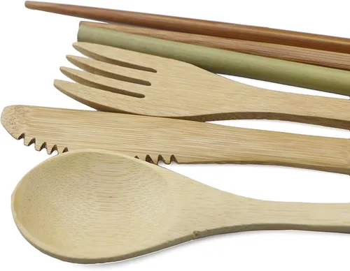 Miniatura 4 de JASHII Juego de cubiertos de bambú para viaje, incluye cuchillo reutilizable, tenedor, cuchara, palillos, popotes y cepillo (beige)