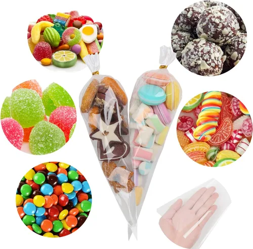 Miniatura 4 de LOMIMOS 150 bolsas de celofán en forma de cono de 5 x 10 pulgadas, bolsas de plástico triangulares transparentes con lazos giratorios