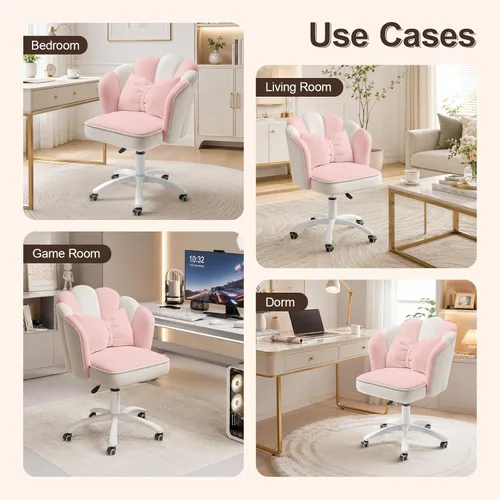 Miniatura 7 de Silla de tocador con ruedas Silla de escritorio de terciopelo con pétalos Silla de oficina en casa tapizada y copetada para mujeres y niñas, silla