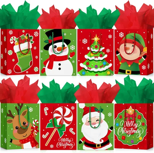 Miniatura 10 de Cholemy 16 piezas de bolsas de regalo de Navidad medianas gruesas con papel de seda, bolsas de papel kraft de Navidad con asas para envolver regalos