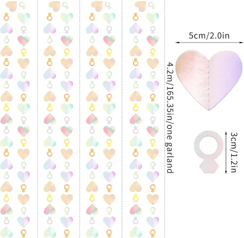 Miniatura 2 de Guirnalda iridiscente de anillo de corazón iridiscente de 52 pies para decoración de despedida de soltera de compromiso, pancarta holográfica