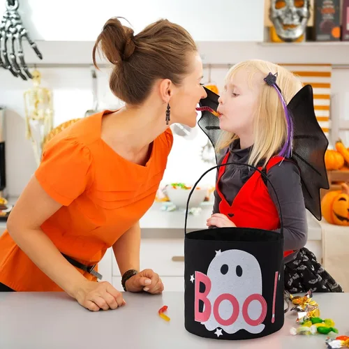 Miniatura 6 de DYSHAYEN Cesta de Halloween, bolsas de dulce o truco, reutilizable, cubo de dulces, bolsa de regalo para suministros de fiesta (fantasma A)