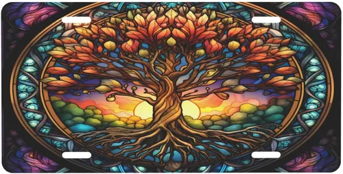 Miniatura 8 de Árbol de la vida - Placa de matrícula colorida abstracta divertida de aluminio para placas delanteras decorativas, impermeables, sin óxido, A