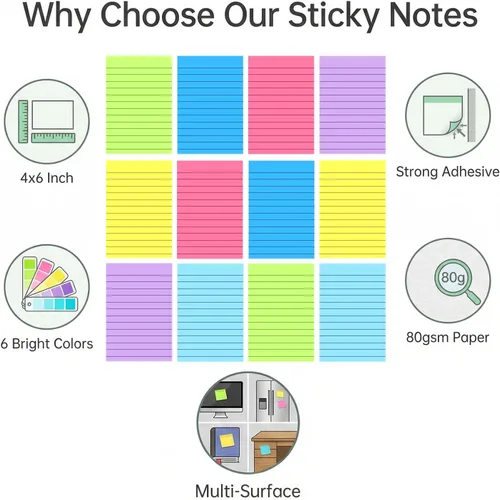 Miniatura 4 de Paquete de 12 notas adhesivas forradas de 4 x 6 pulgadas en colores brillantes, bloc de notas autoadhesivas con líneas, bloc de notas adhesivas